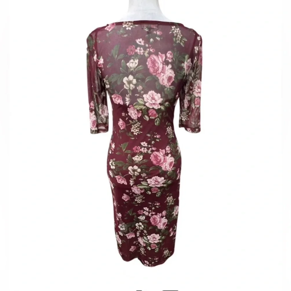 Rags to Wishes Women’s Plum Floral Print Short Sleeve Dress w/ Sheer Overlay - Picture 3 of 7